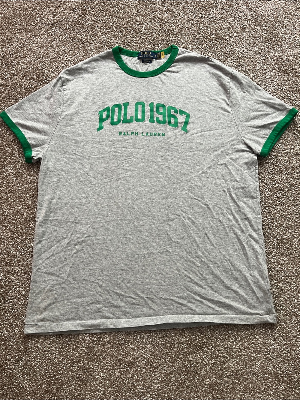 Polo Ralph Lauren Heather Gray Tee with Green Ringer and Green Chest Print